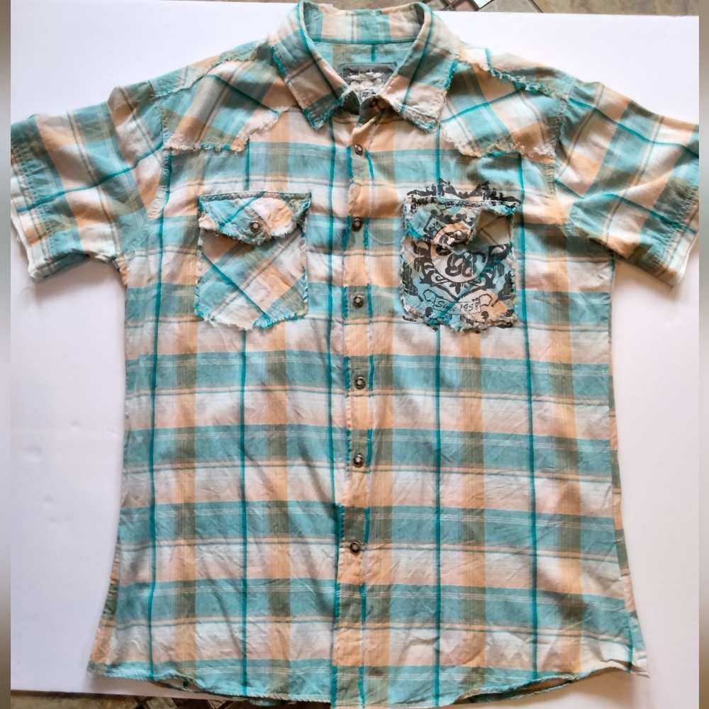 Vintage Distressed BB London short sleeve snap button shirt